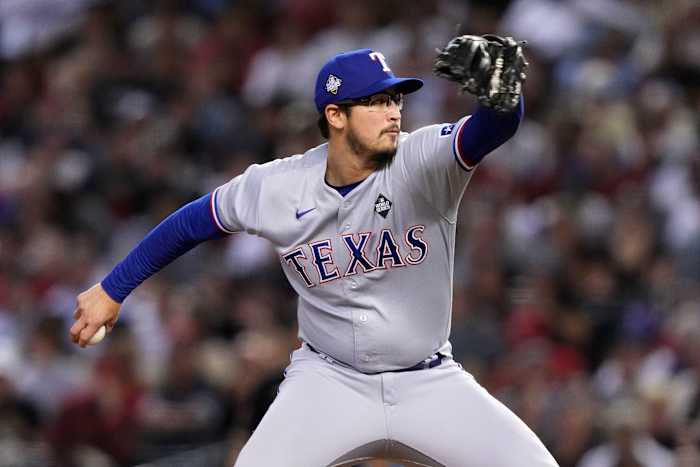 Texas Rangers relief pitcher Dane Dunning threw a scoreless sixth inning in the team's 11-7 win over the Arizona Diamondbacks Game 4 of the 2023 World Series Tuesday at Chase Field in Phoenix.